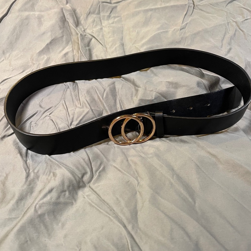 Womens Black Faux Leather Belt Gold Double O Ring Buckle Minimal Chic Accessory